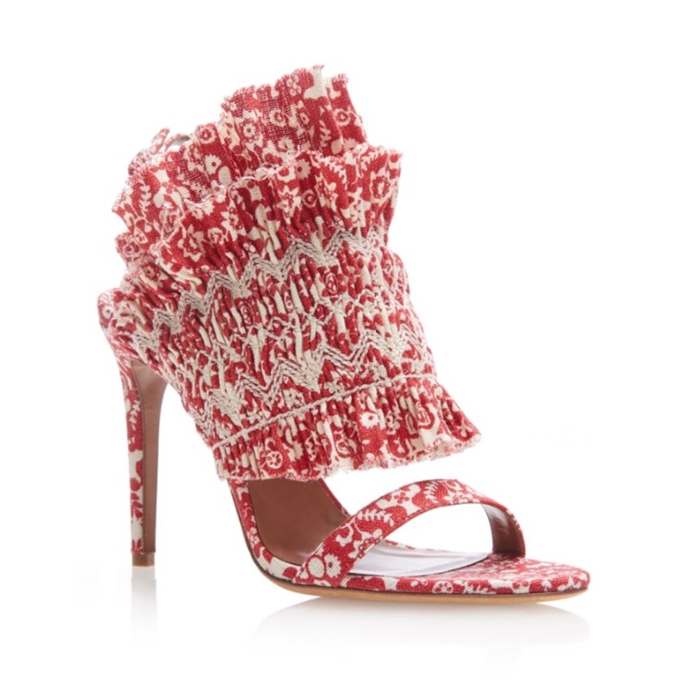 Tabitha Simmons red and ecru linen flouncy sandal